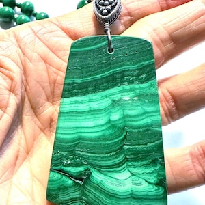 Vintage Malachite Pendant: Large Green Gemstone, Antique Bali Beads, on Malachite Bead Necklace