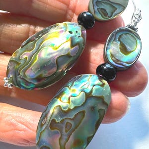 Abalone Paua Puffy Shell 2 1/2" Long, Sterling Earrings: Iridescent MOP Peacock Colors