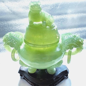 Vintage Chinese Green Jade Incense Burner: Foo Dog, Dragon, Open Rings Carvings on Urn