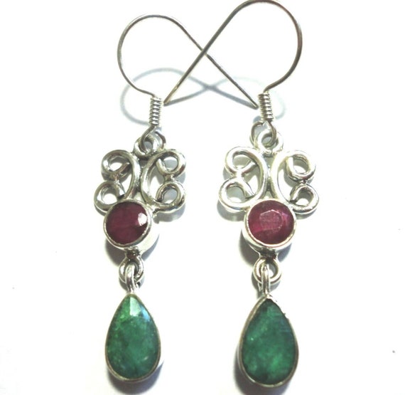 Vintage Emerald and Ruby Sterling Silver Filigree… - image 2