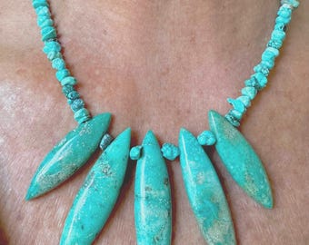 Turquoise Fan Necklace: Arizona Marquis Shaped Gemstones, Sterling Silver Clasp