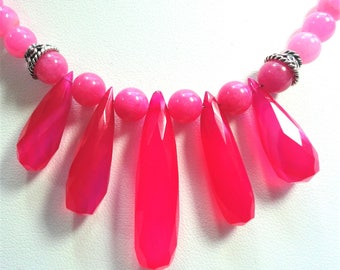 Hot Pink Chalcedony Bib Necklace: Magenta Teardrops, Sterling Toggle
