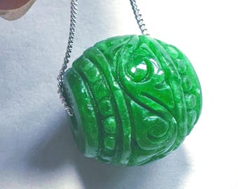 Vintage Carved Green Jade Lucky Lulutong Barrel Pendant: 16” Sterling Silver Choker Chain