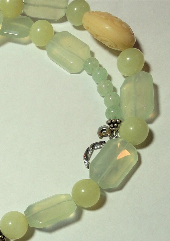 Green White Jadeite Phoenix Pendant w Serpentine Jade Faceted Prehenite Beads and Carved Ox Bone Beads with Sterling Silver