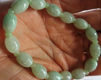 Jade Bracelet, Natural Untreated Genuine Burmese Light Green Jade Melon Beads, Vintage 1990s, 7" Relaxed, Stretches to Fit Most