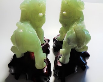 Jade Foo Dogs (Chinese Lions) Fu Dog Pair, Carved Chinese Jade on Rosewood, Protective Guardians, Vintage 1960s Figurines, 4.25" T x 5" W ea