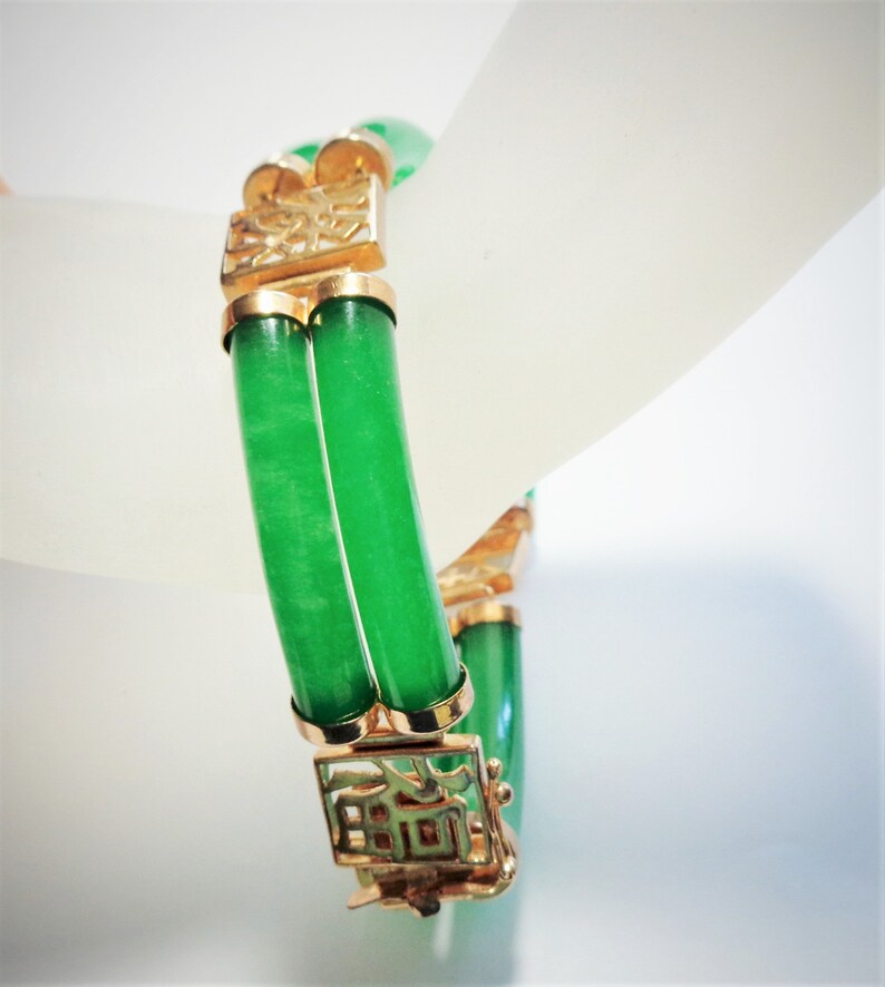 Imperial Green Jadeite Jade Bracelet, Vintage 1960s, 8 High Quality Jade Bars, 4 Chinese Characters, Heavy Gold Fill, Push Safety Clasp, 8 image 6