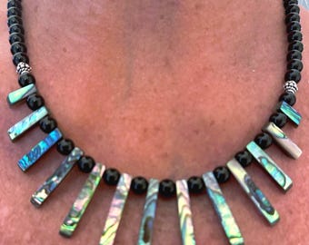 Abalone Shell Paua Fan Necklace with Peacock Feather Colors of MOP, Sterling Bali beads, and Sterling Toggle