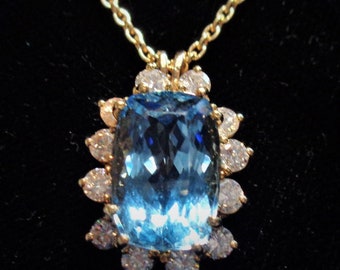 Aquamarine Pendant w 12 Diamond Halo, Vintage Antique w Best Quality Aquamarine, Solid 14k gold w adjustable 14k Rolo Chain, w Appraisal