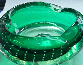 Vintage Emerald Green Murano Huge Ashtray or Bowl with Controlled Bullicante Bubbles, Heavy Mouth Blown Art Glass, Jewelry, Candy, or Decor