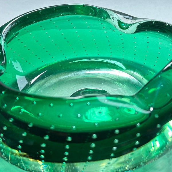 Vintage Emerald Green Murano Huge 7.5" Ashtray Bowl w Controlled Bullicante Bubbles, Heavy Mouth Blown Art Glass, Jewelry, Candy, or Decor