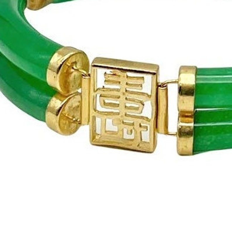 Imperial Green Jadeite Jade Bracelet, Vintage 1960s, 8 High Quality Jade Bars, 4 Chinese Characters, Heavy Gold Fill, Push Safety Clasp, 8 image 7