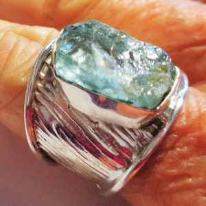 Aquamarine Raw Nugget Ring in Solid Sterling With an Engraved Grass Design on Bold Wide Band Ring is a Natural Aquamarine, Size 8