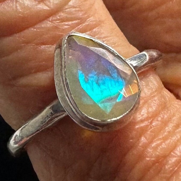 Opal Engagement Ring with Colorful Faceted Pear-Shaped Opal Solitaire Gem, October Birthstone or Stacker Ring in Solid Sterling, Size 6.5