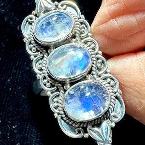 Antique Moonstone Ring has Almost Clear Ethereal Aqua Moonlight Flash Moonstones Set in a Vintage Ornate Sterling Silver Bali Ring, Size 8