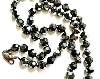 Hematite Faceted Bead Necklace, Vintage Genuine Gem Quality Hematite, Bali Sterling Beads, Hand Knotted, Lobster Clasp, 21" L, Ball Earrings