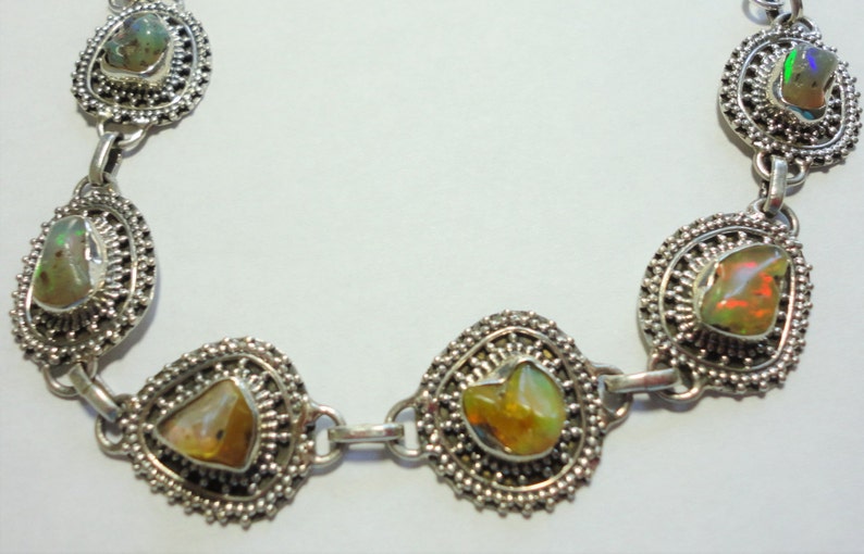 Opal Nugget Choker Necklace with 6 Genuine Raw Natural Opals Set in a 16 12 Bali Sterling Silver Choker plus a 6\u201d Extender Chain