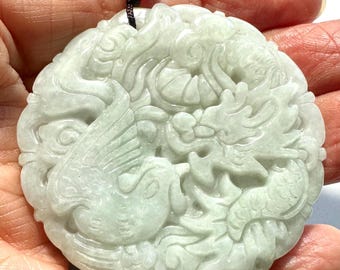 Carved White Green Jadeite Dragon and Phoenix Pendant: Lover's Necklace, Lucky Red Bead