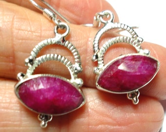Faceted Ruby Sterling Silver Earrings: Rough Cut Marquis Gemstone
