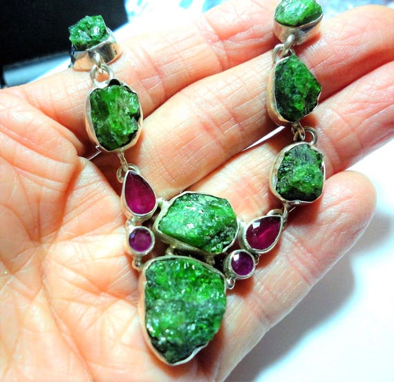 Raw Chrome Diopside and Ruby Necklace: Sterling S… - image 3