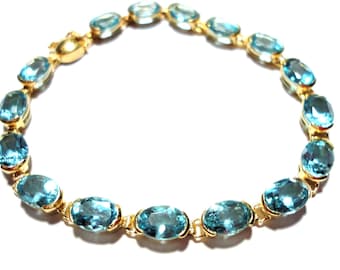 Swiss Blue Topaz Vintage 1980s, 14k Gold Tennis Bracelet: Bezel Set Gems, 7”