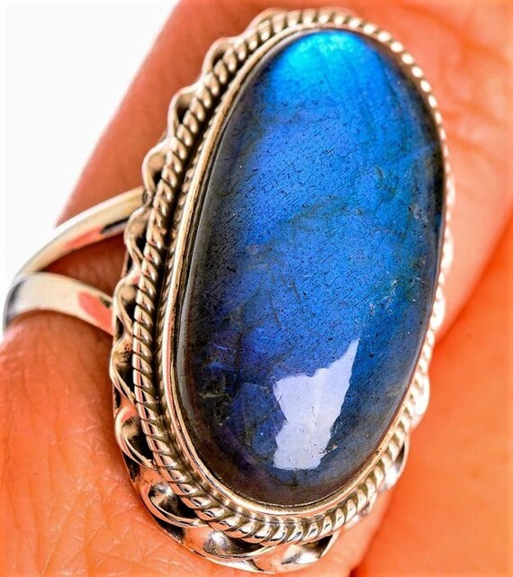 Labradorite Ring Large Elongated Oval with Split Band Sterling Silver Labradorite Ring Large Elongated Oval with Split Band Sterling Silver