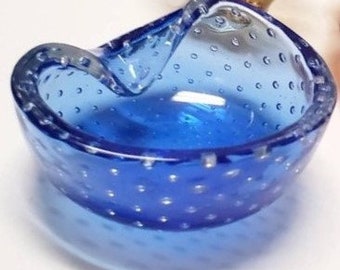 Vintage Murano Azure Blue Bowl with Controlled Bullicante Bubbles, Mouth Blown Art Glass for Decor, Curio, Flowers, Candy, or Decor