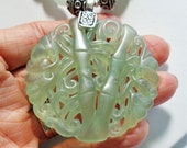 Light Green Jade Carved Lucky Bamboo Medallion Pendant on a Light Green Jadeite Jade Bead Necklace, w Carved Jade Beads, Sterling Toggle
