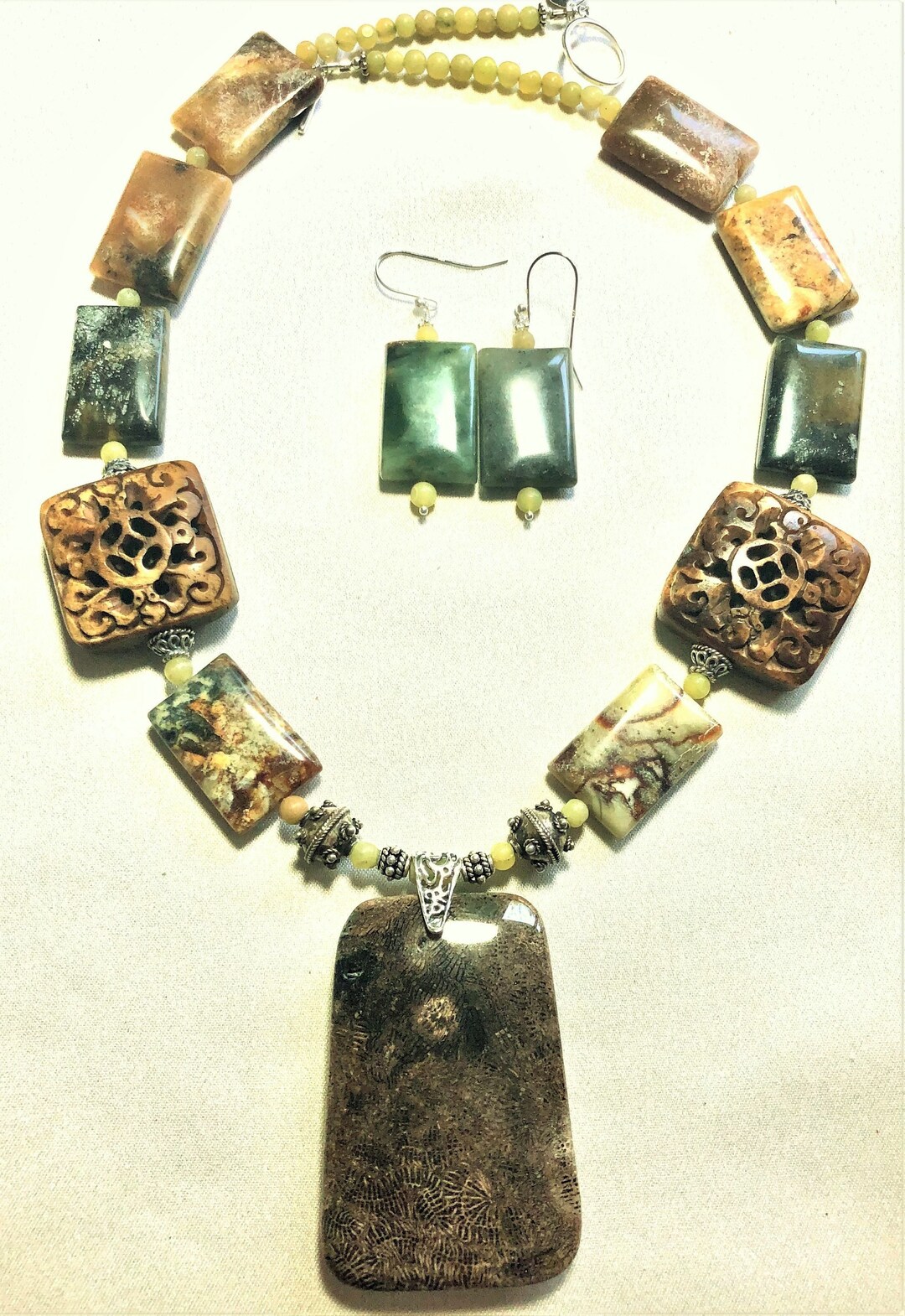 Fossil Coral Necklace and Earrings Set, Bold Earthy Pendant, Antique
