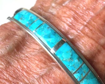 Vintage Arizona Turquoise Inlaid Sterling Silver Cuff Bracelet: Southwestern Style, Adjustable