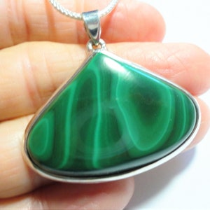 Banded Malachite Pendant: 20” Sterling Silver Foxtail Chain, Green Triangle Gemstone