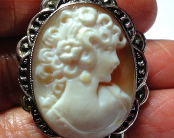 Antique Vintage Cameo Brooch Pin is a Signed Italian Carved Shell Cameo, a Pin or Pendant in Solid Sterling w Marcasite Accents