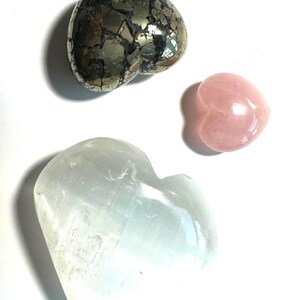 Crystal Heart Gemstone Collection: Selenite, Pyrite, Rose Quartz - Healing Meditation Stones