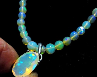 Opal Bead Necklace: Faceted Jelly Opal Pendant, Sterling Clasp