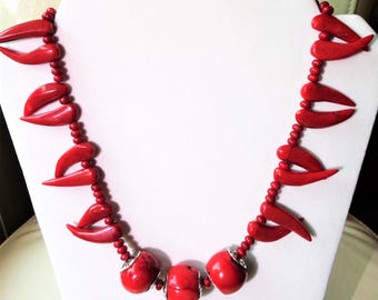 Red Coral Heart Necklace and Earrings Set: Sterling Silver, Bamboo Coral Beads