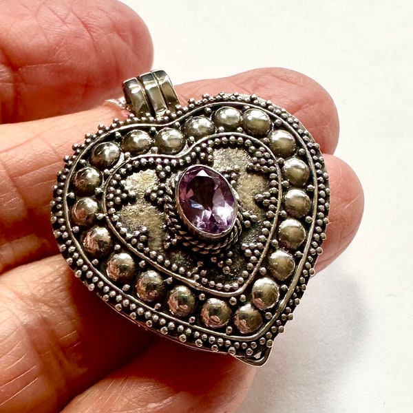 Poison Pill Amethyst Heart Locket Large Vintage Bali Sterling Secret Pill Box, Prayer, Aromatherapy, Cremains, on 18" Sterling Rolo Chain