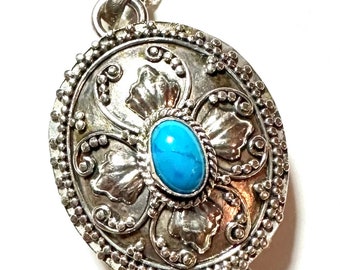 Poison Pill Locket Pendant, Vintage Turquoise Bali Solid Sterling Pill Box w Hinged Lid Holds Memento, Cremains, Prayer, 18" Sterling Chain