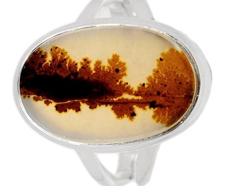 Dendrite Agate Ring is Vintage 1970s with Beautiful Scenic Fall Trees w Mirror Lake Reflections in a Sterling Silver Ring, Size 8 1/2