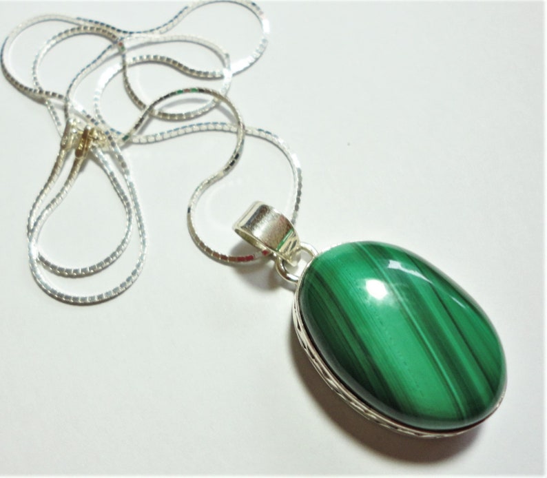 w 20 Sterling Box Chain Malachite Pendant with a Natural Banded Kelly Green Malachite Cabochon Pendant in a Sterling Filigree Setting