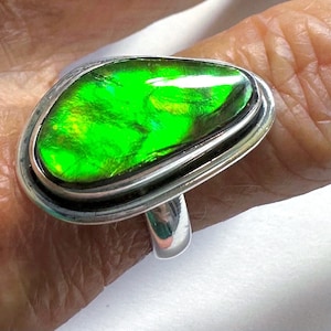 Ammolite Ring with Neon Green Blue and Gold Flashes is a Genuine Ammolite Fossil Ring in Solid Sterling Silver, Size 6.5