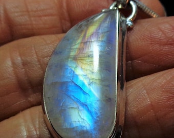 Moonstone Pendant with Large Vintage Best Quality Aqua Blue and Gold Flash Rainbow Moonstone, Bezel Set in Sterling, on an 18" Snake Chain