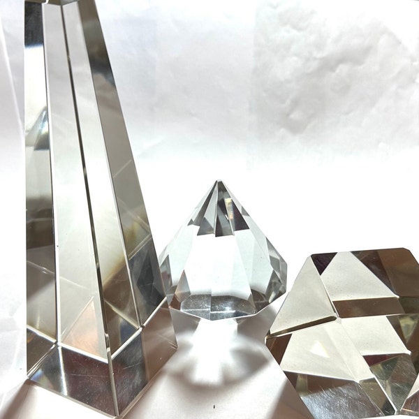 Vintage Geometric Cut Crystal Collectible Trio, Tall Crystal Obelisk, Faceted Crystal Polygon, Large Diamond, Antique 1960 Art Glass, Decor