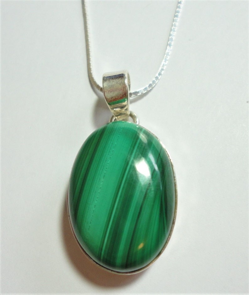 w 20 Sterling Box Chain Malachite Pendant with a Natural Banded Kelly Green Malachite Cabochon Pendant in a Sterling Filigree Setting