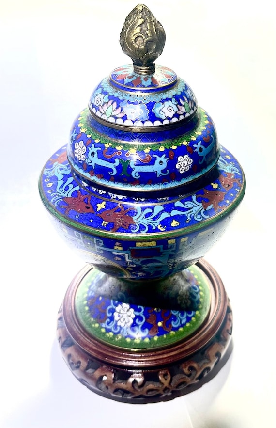 Antique Chinese Cloisonne Multi-Section Ginger Jar: Royal Blue Enamel Urn with Carved Stand