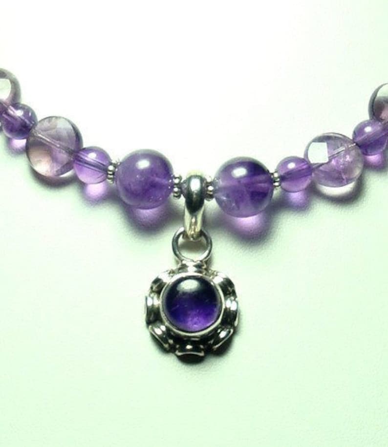 Amethyst Necklace Purple Amethyst AAA Quality Cabochon Pendant with AAA Quality Amethyst Beads Necklace with Sterling