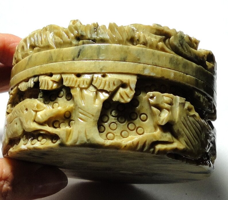 Trinket Box Carved 3.25 Round Soapstone Box Big Game Etsy