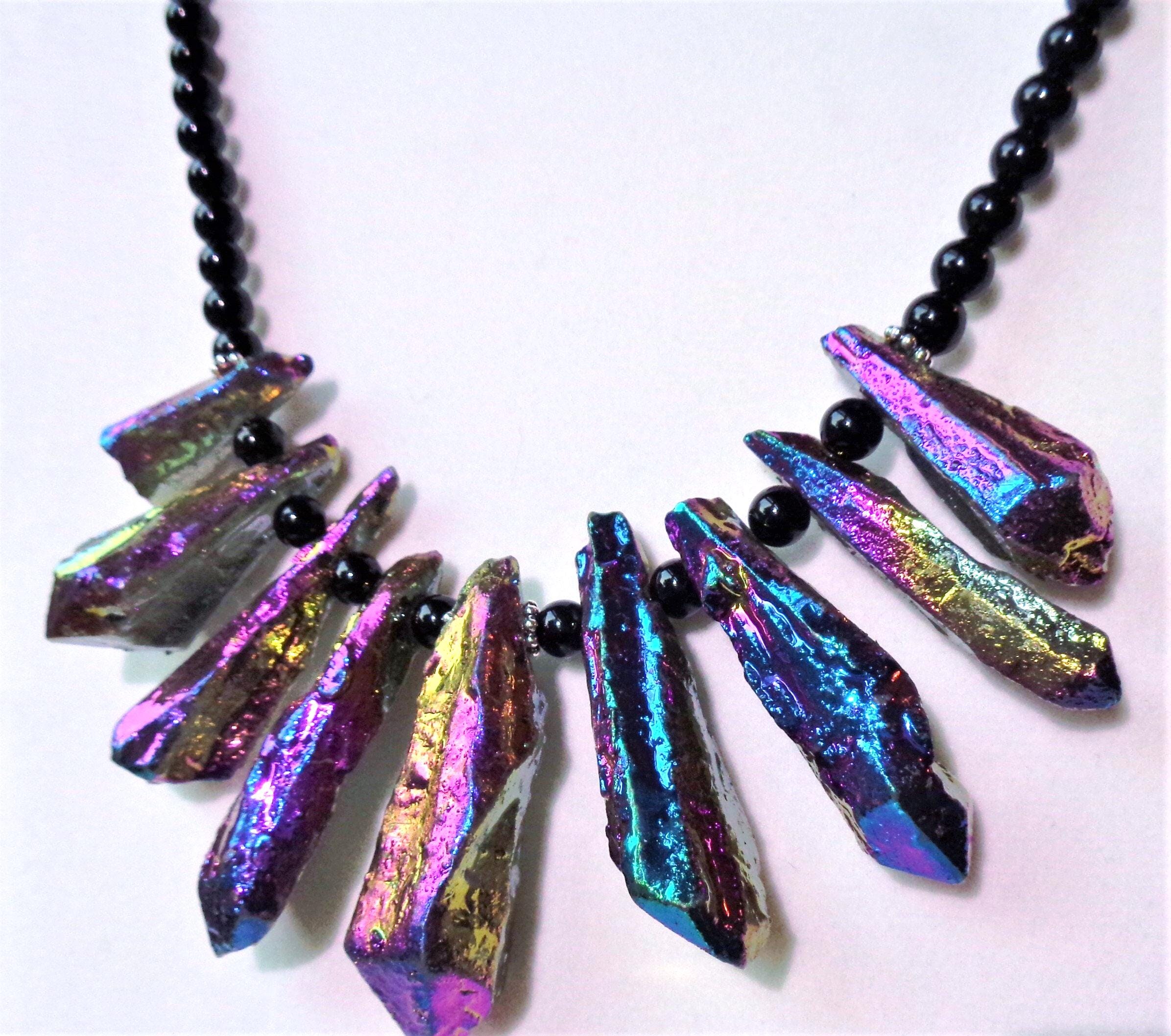 Iridescent Titanium Quartz Crystal Fan Necklace: Rainbow Bib, Sterling Silver Toggle