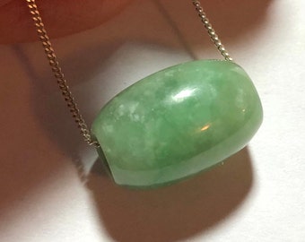 Grass Green Jadeite Pendant, Jade Lucky Lulutong Barrel Bead, Natural Burmese Untreated Type A Jade, 14" Sterling Choker Chain, 2" extender