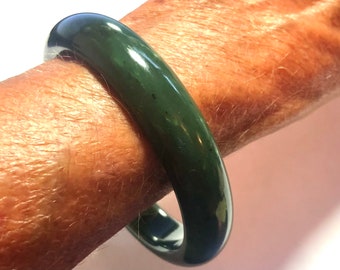 Green Nephrite Jade Bangle Bracelet, Vintage 1960s, No Hinge, 54mm Inside Dia x 12mm Wide x 7.5 Thick, Best for Smaller Woman or Child Wrist