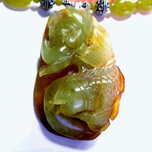 Carved Jade Koi Fish Necklace , Earrings: Lotus, Jade and Carnelian Beads, Sterling Toggle
